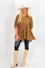 Brown Animal Printed Front Button Puff Sleeve Top