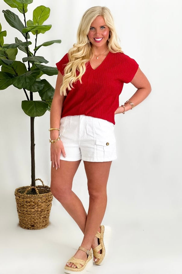 H2810 Red Textured V Neck Top