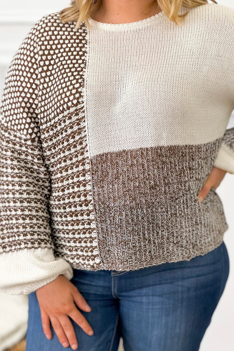 Brown Drop Shoulder Color Block Knit Sweater