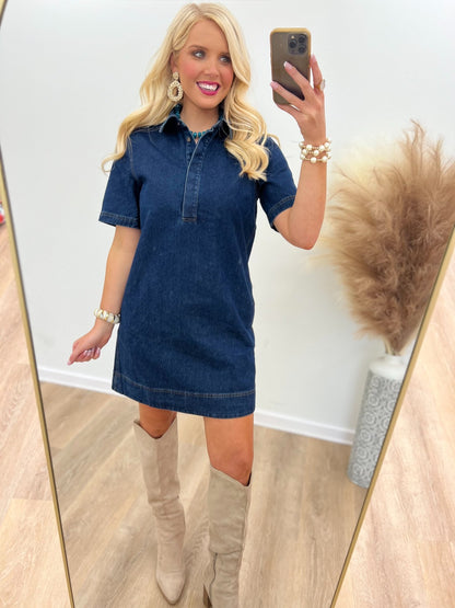 Denim mini dress, easy to layer over a fitted top