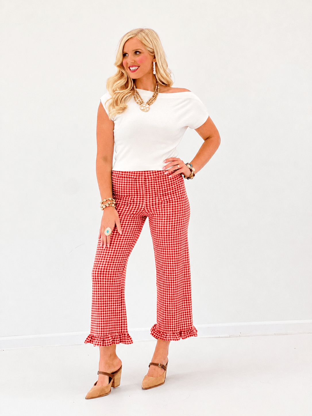 Ruffle hem gingham pants with a straight leg