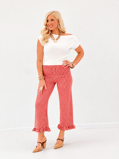 Ruffle hem gingham pants with a straight leg