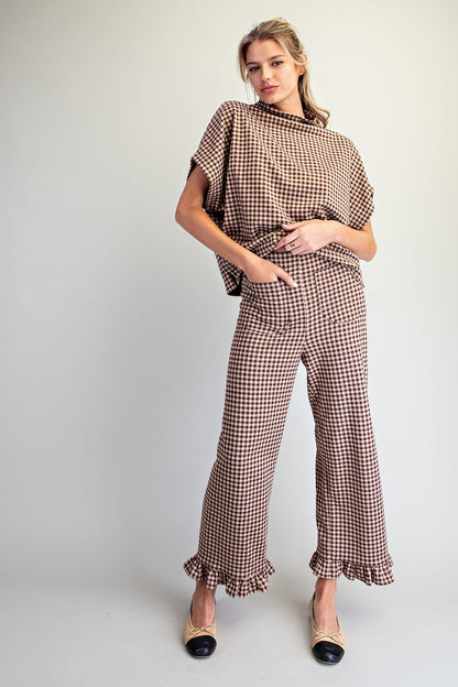 Lightweight brown gingham pants with a ruffled ankle hem