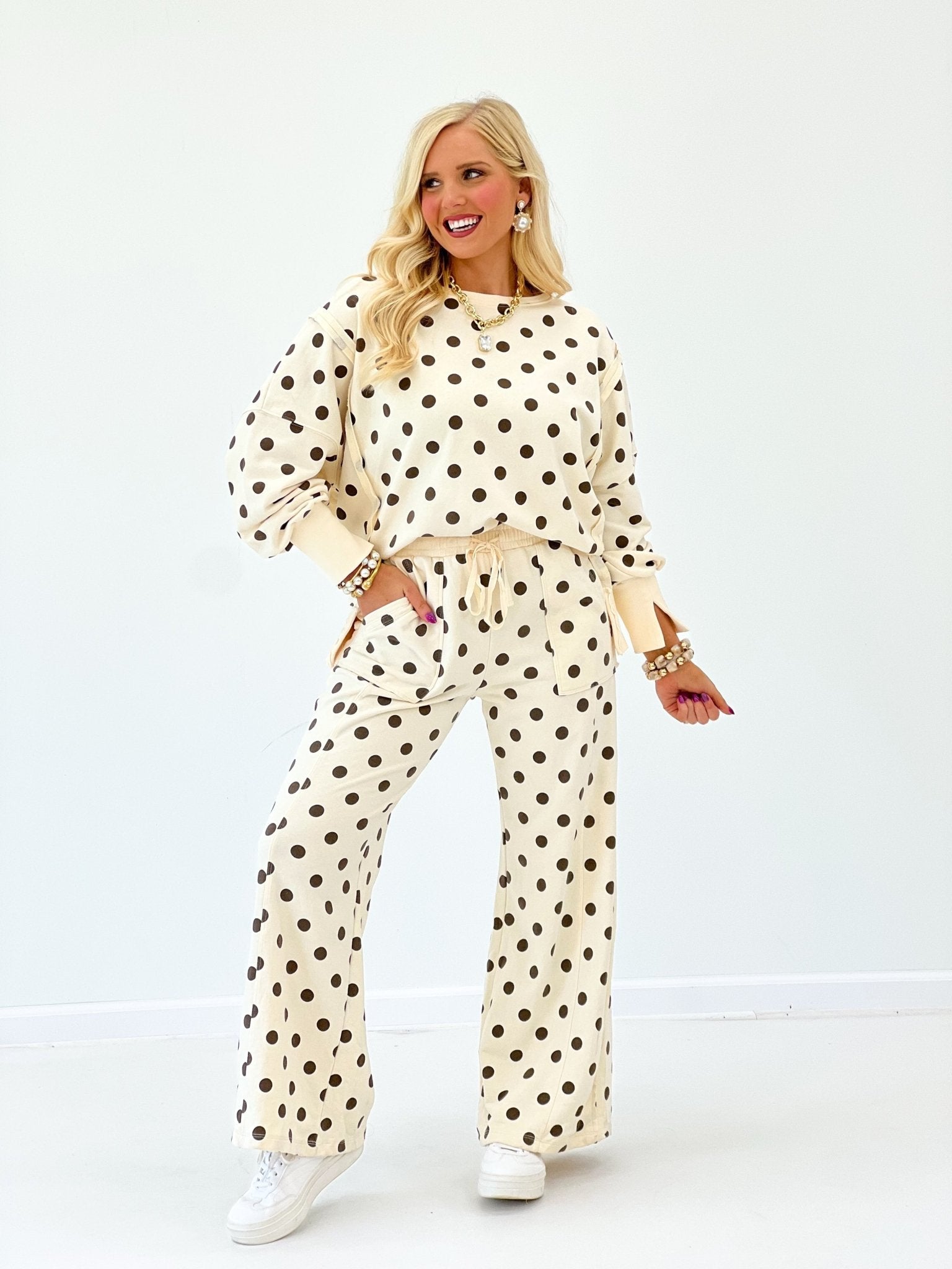 Eesome Mineral Washed Polka Dot Pant Set - Lavish Boutique05-ROMPERS/JUMPSUITS