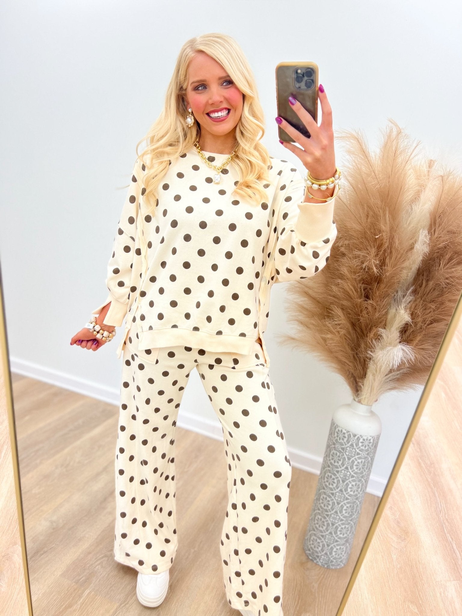 Eesome Mineral Washed Polka Dot Pant Set - Lavish Boutique05-ROMPERS/JUMPSUITS