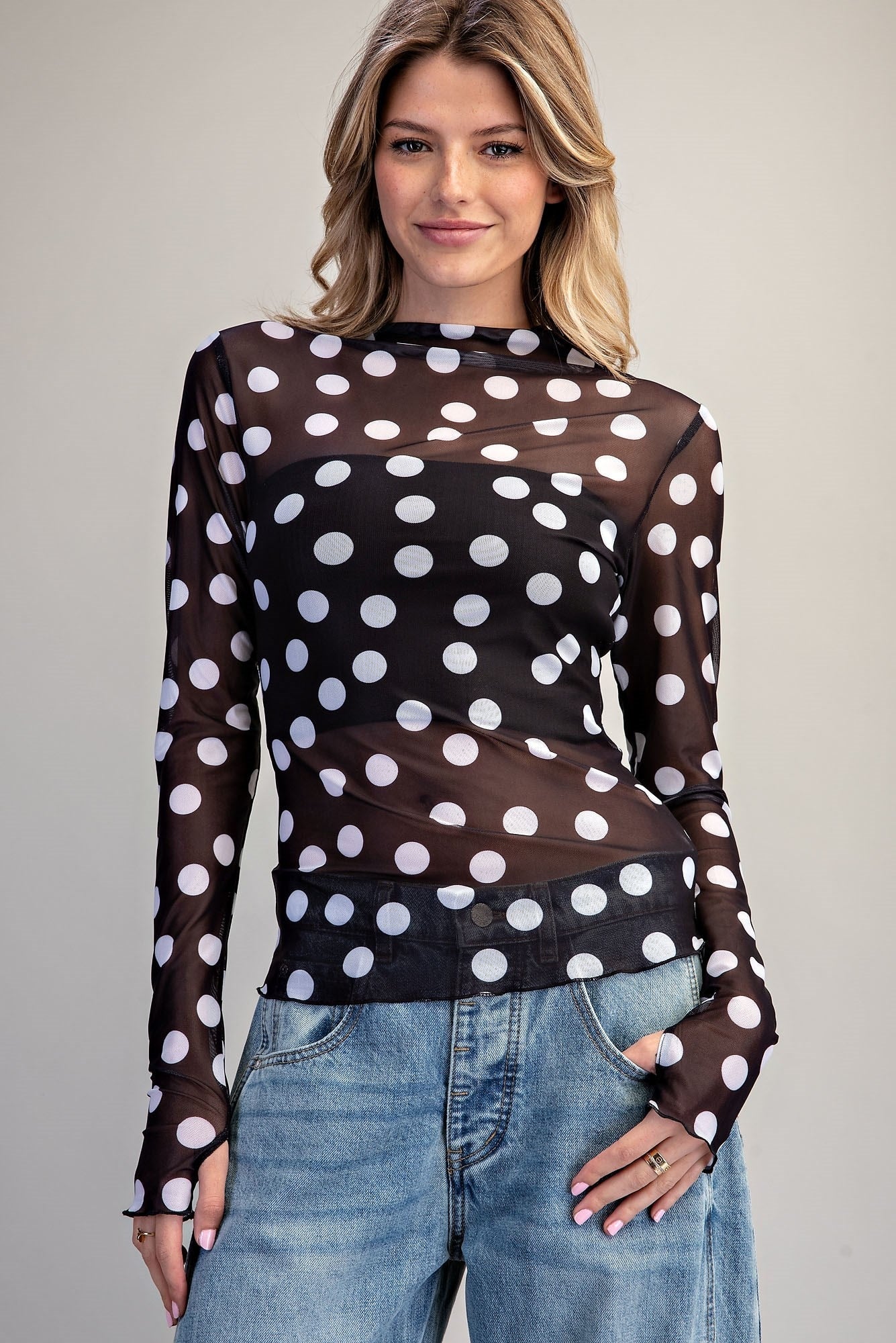 Eesome Polka Dot Mesh Long Sleeve Top - Lavish Boutique01-TOPS