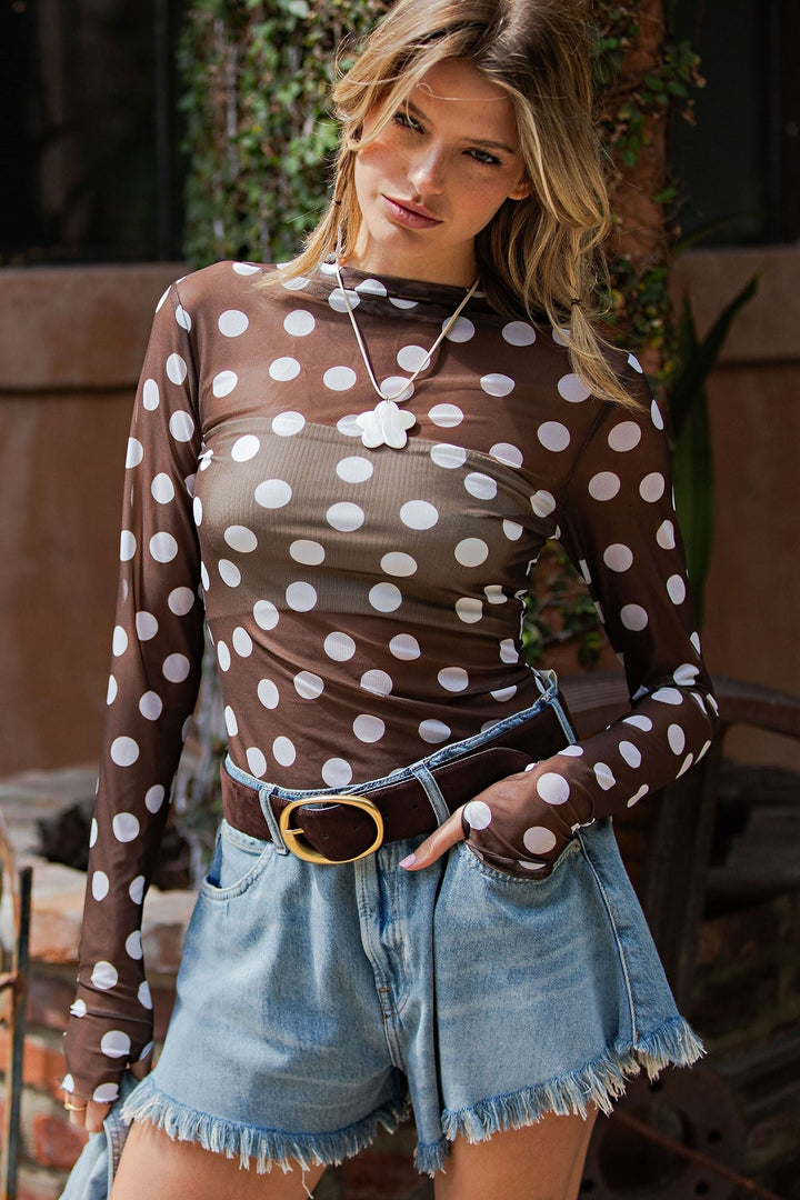 Eesome Polka Dot Mesh Long Sleeve Top - Lavish Boutique01-TOPS
