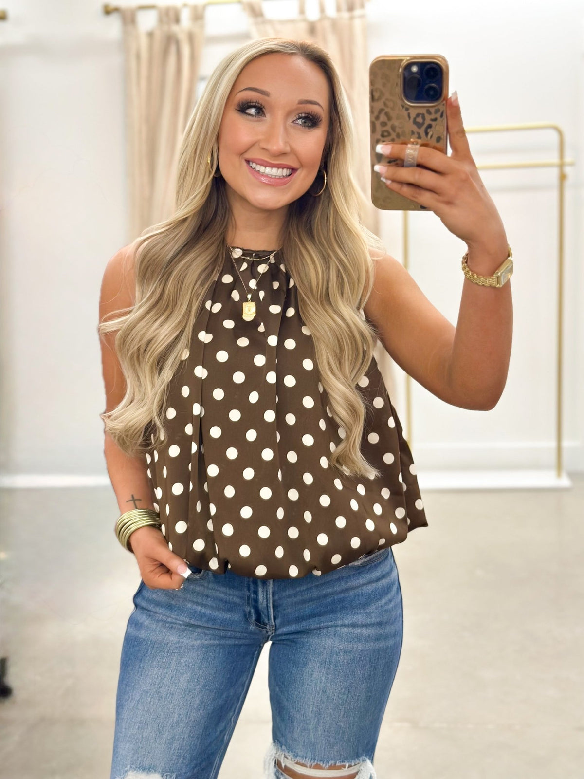 Eesome Polka Dot Sleeveless Top - Lavish Boutique01-TOPS