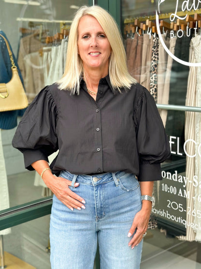 Puff sleeve black blouse with a full button front