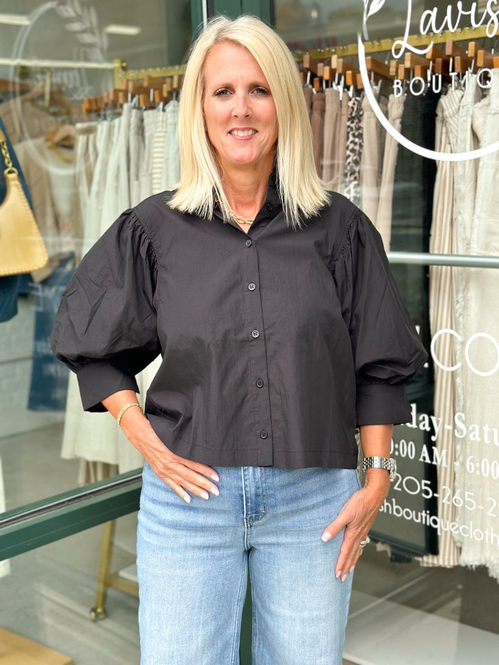 Black button down top with puff sleeves