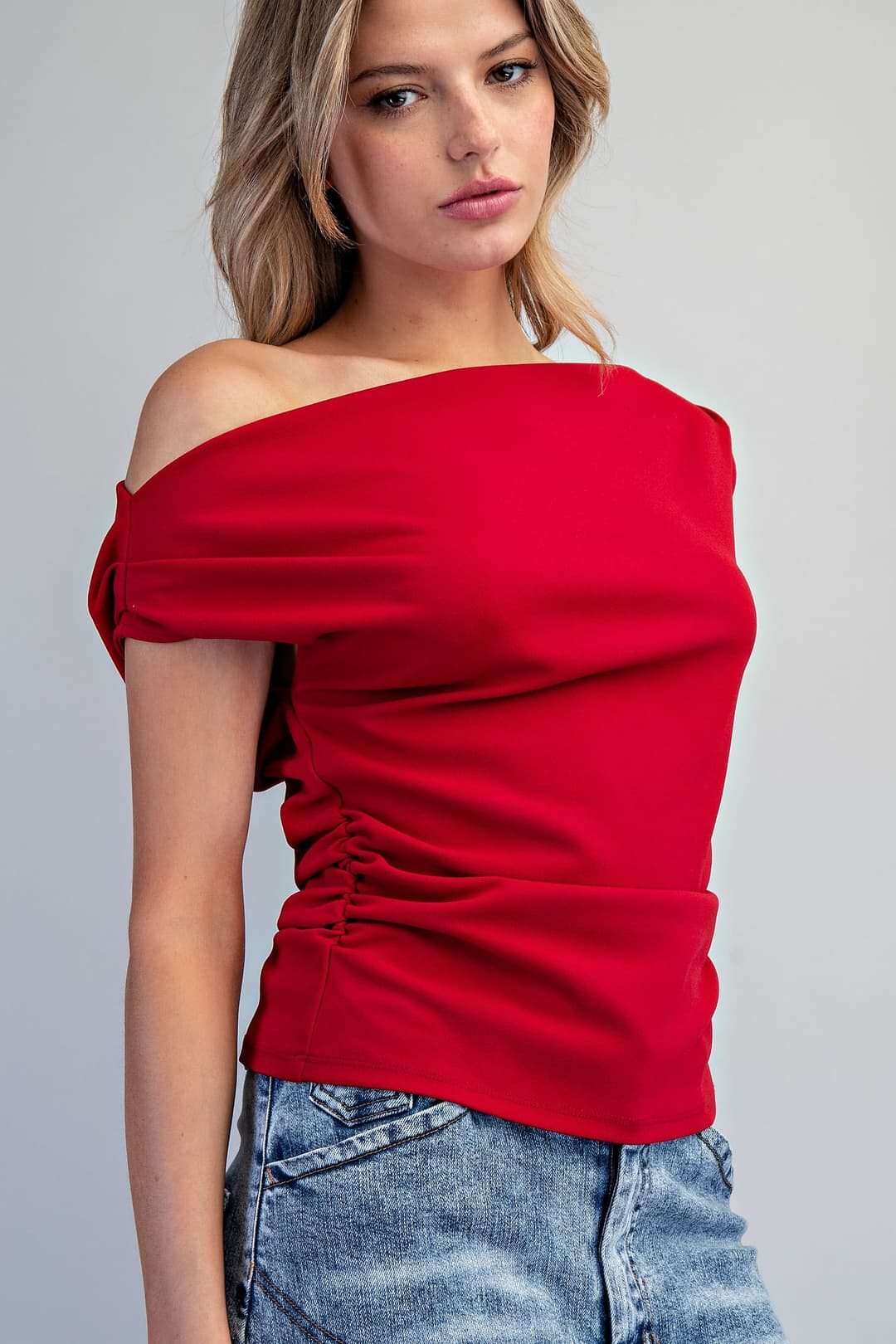 Asymmetric neck top in espresso with soft gathers