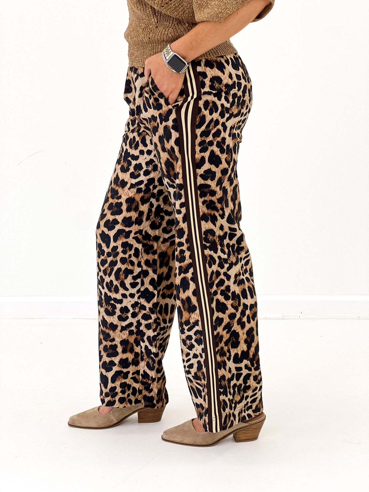 Leopard print side stripe pants with a straight hem