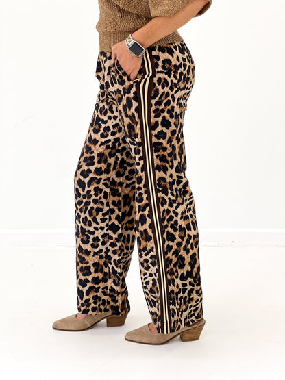 Leopard print side stripe pants with a straight hem