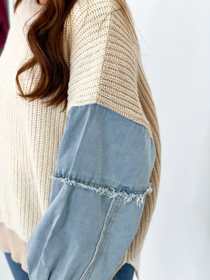 Ivory & Taupe Colorblock Denim Sweater