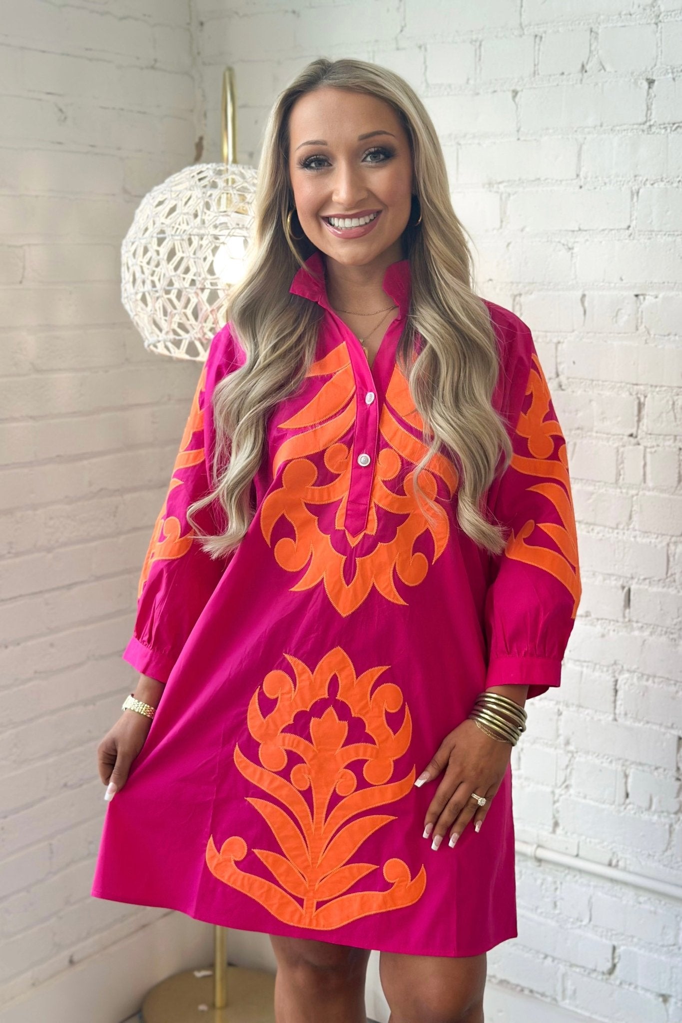 Embroidered Long Sleeve V-Neck Dress - Lavish Boutique04-DRESSES