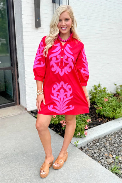 Long sleeve V-neck dress with contrast embroidery