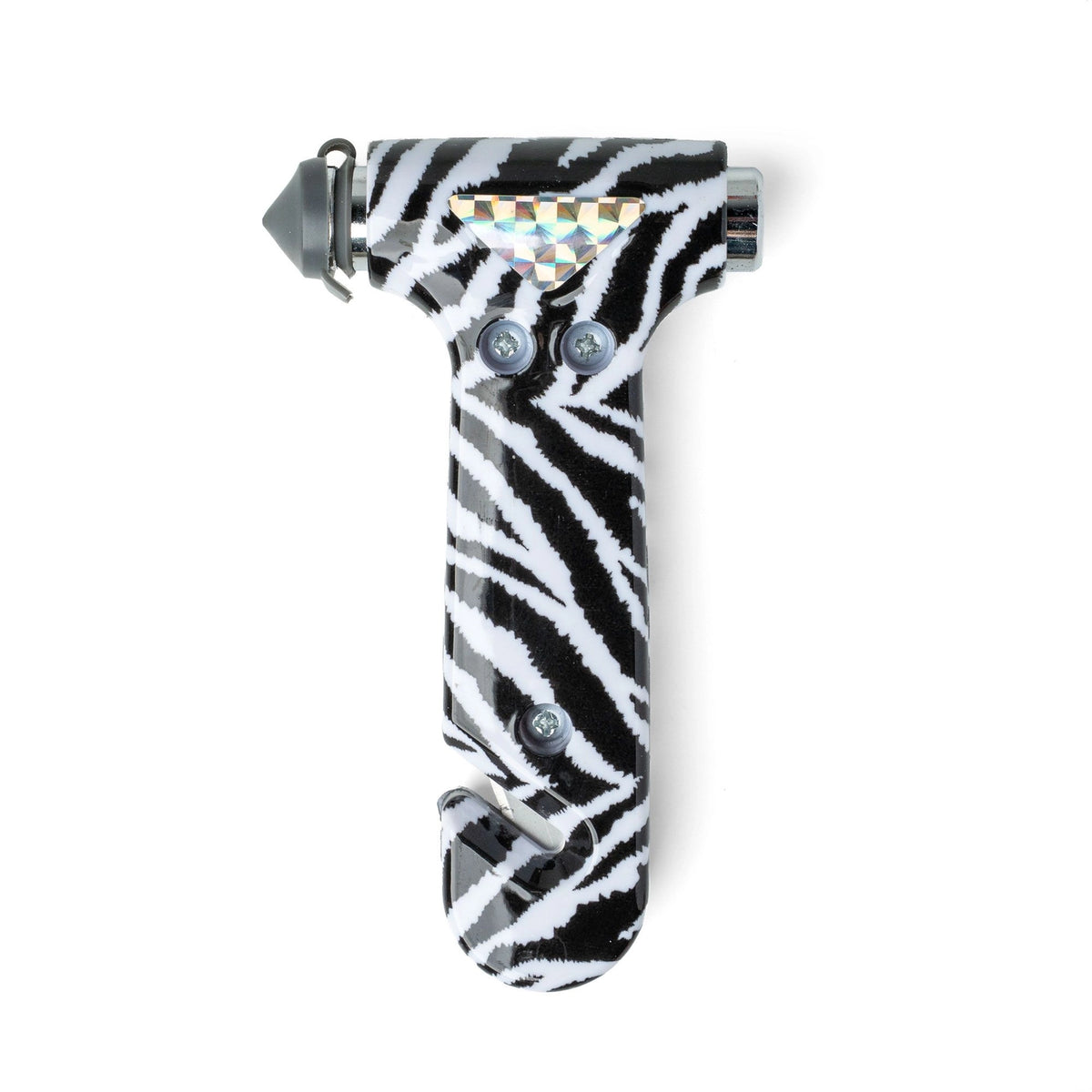 Emergency escape hammer with black-and-white zebra patterned handle grip