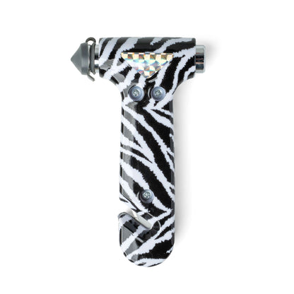 Emergency escape hammer with black-and-white zebra patterned handle grip