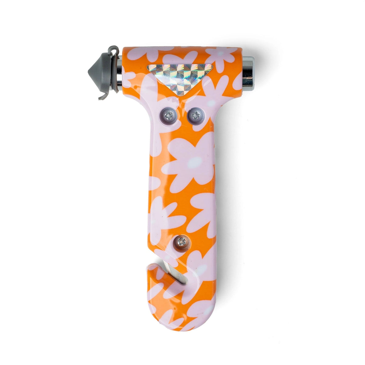 Emergency escape hammer with orange floral patterned handle grip
