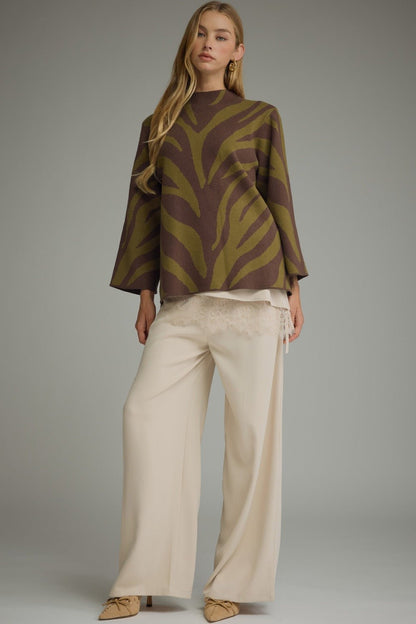 Entro Abstract Animal Print Mock Neck Sweater Top - Lavish Boutique01-TOPS