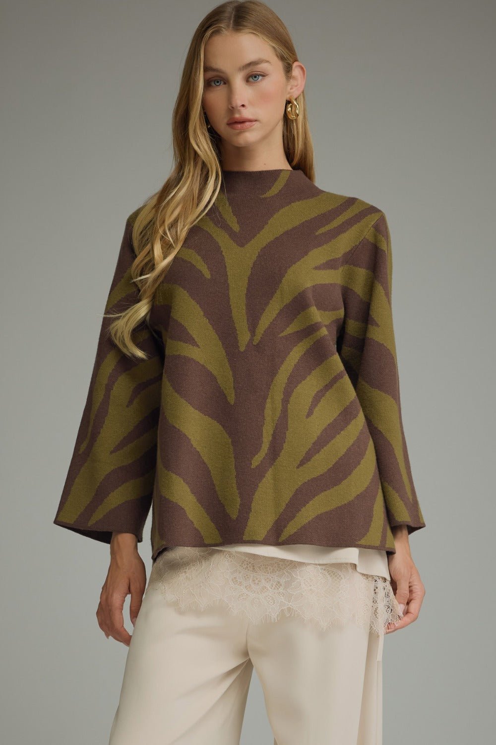 Entro Abstract Animal Print Mock Neck Sweater Top - Lavish Boutique01-TOPS