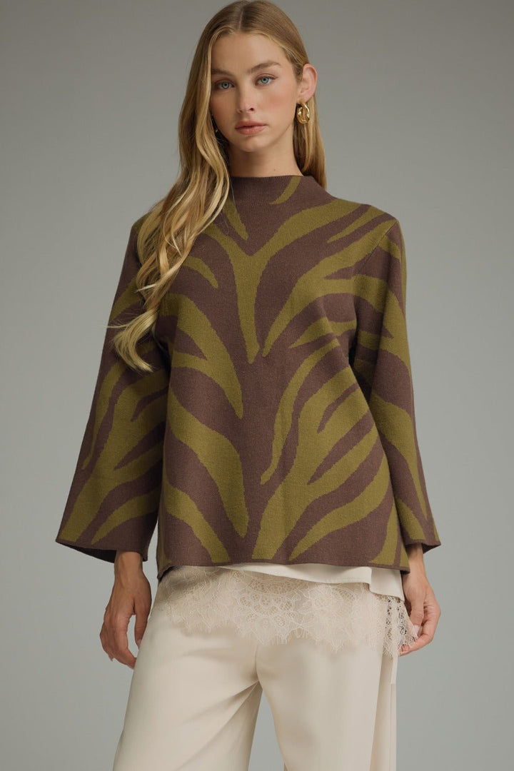 Entro Abstract Animal Print Mock Neck Sweater Top - Lavish Boutique01-TOPS