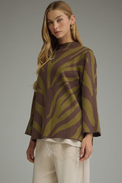 Entro Abstract Animal Print Mock Neck Sweater Top - Lavish Boutique01-TOPS