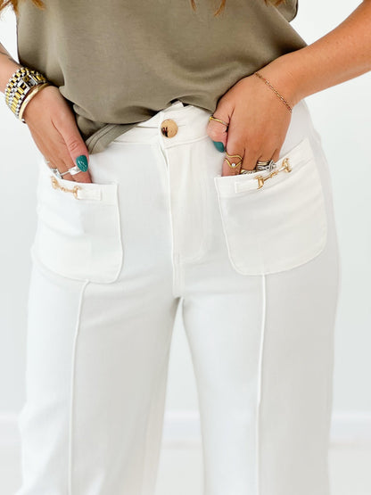 Wide leg pants with hardware detail and a straight hem