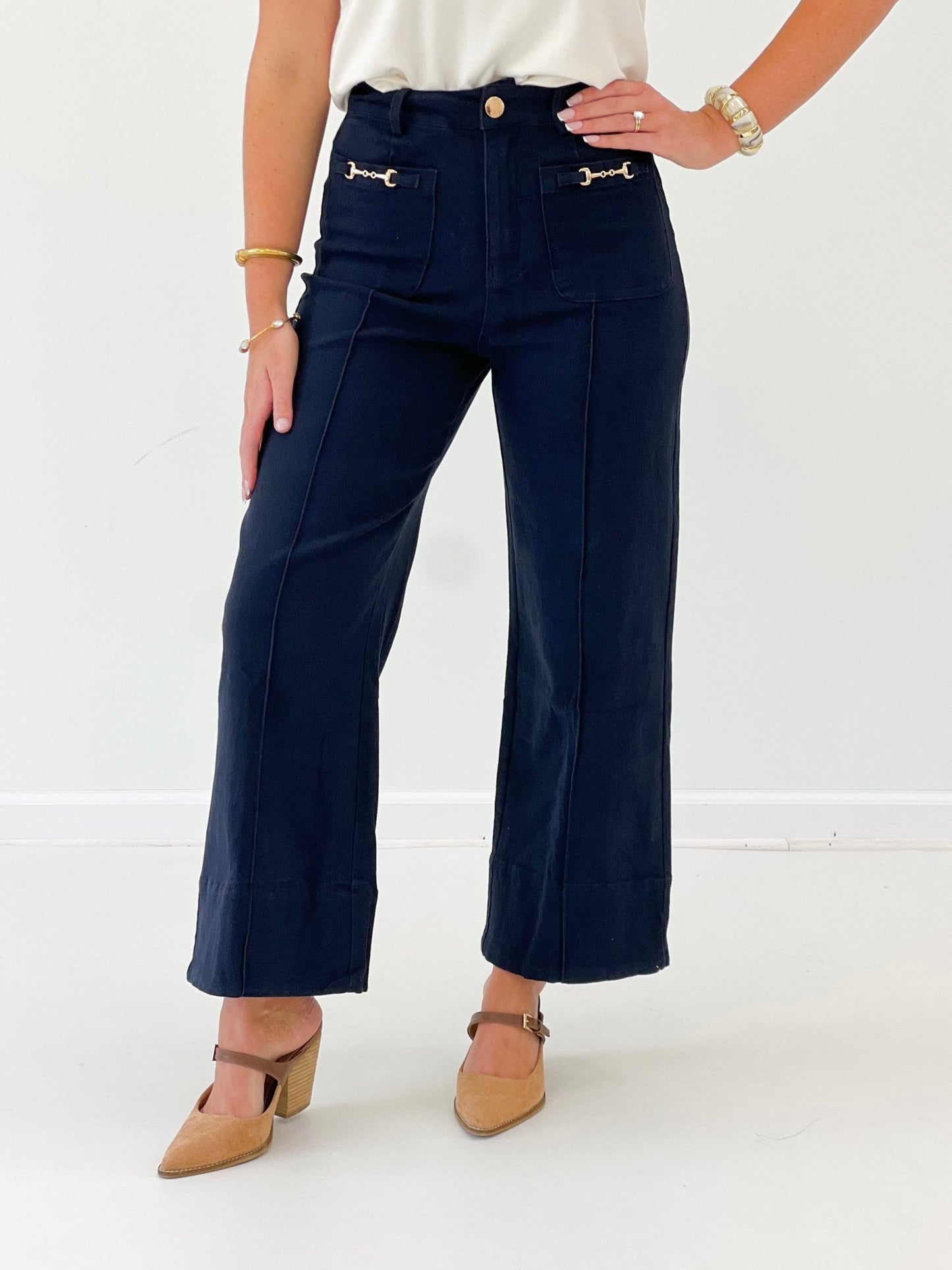 Tailored wide leg pants with bit hardware at the waistband