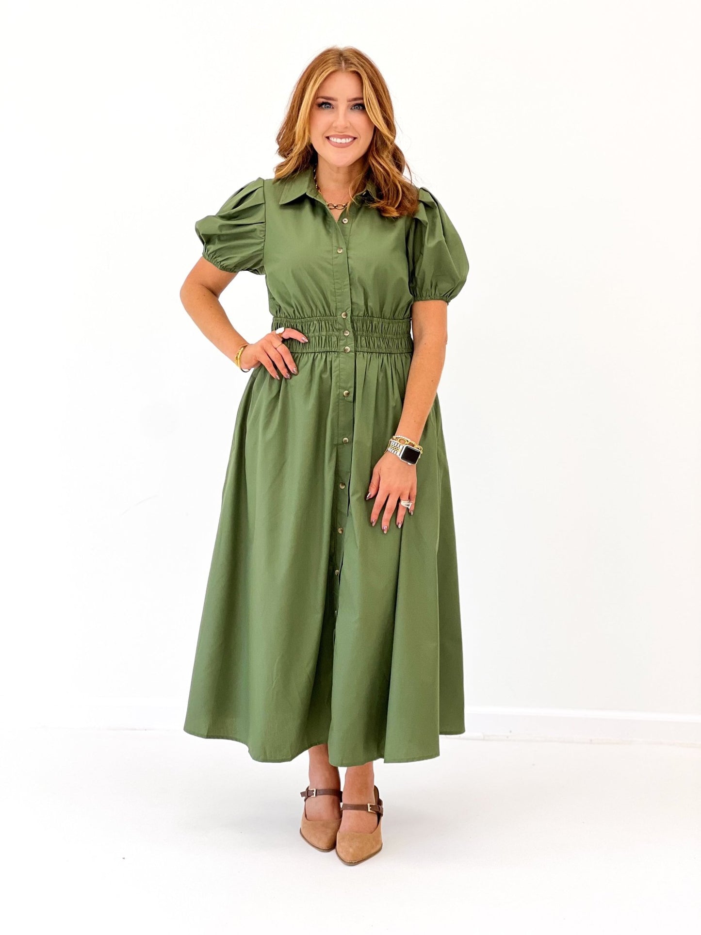 Olive dress with buttons running down the front