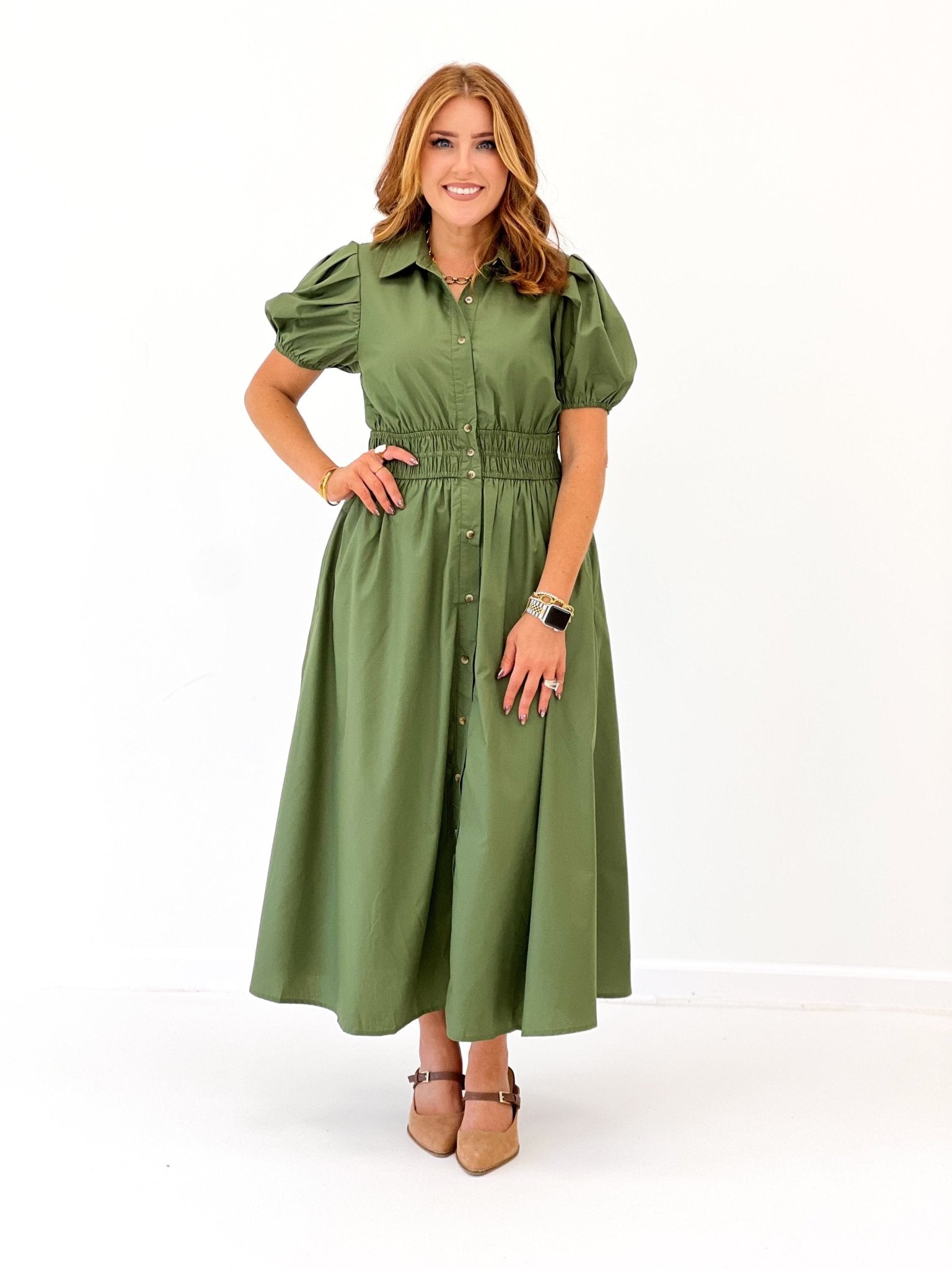 Olive dress with buttons running down the front