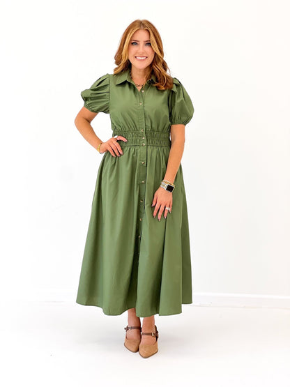 Olive dress with buttons running down the front