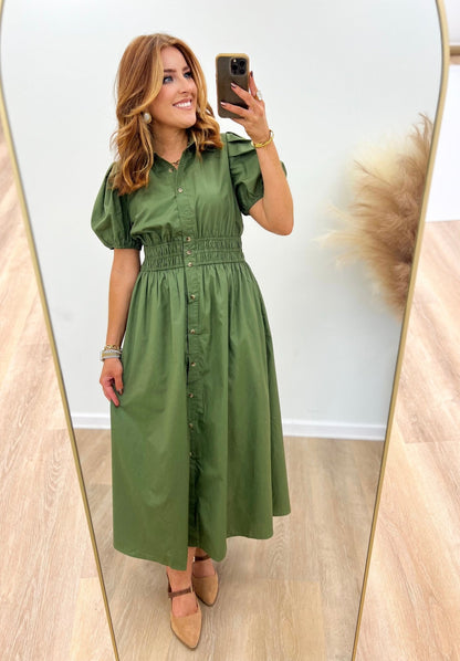 Puff sleeve dress in olive with a button front