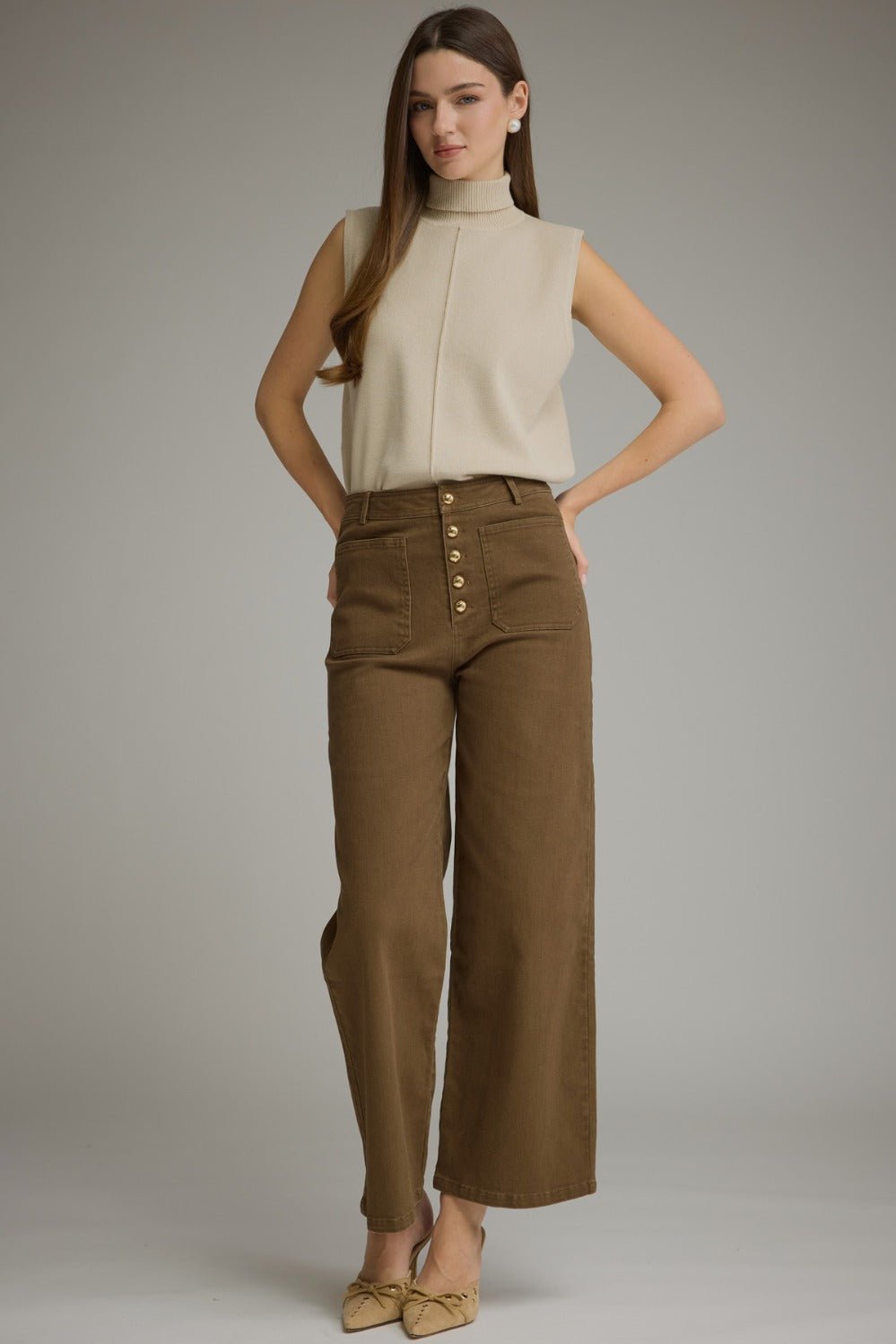 Entro Button Front Wide Leg Pants - Lavish Boutique02-BOTTOMS