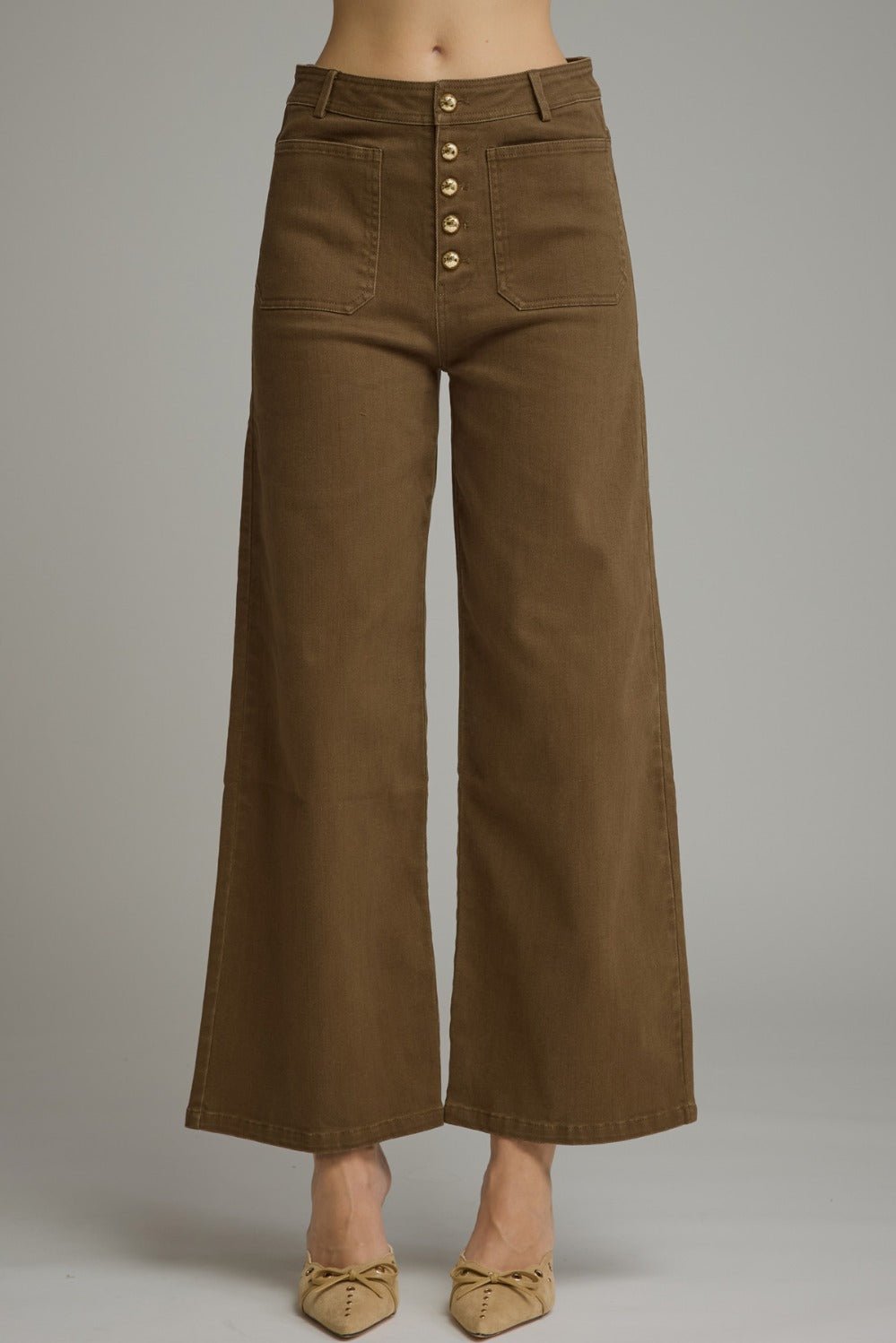 Entro Button Front Wide Leg Pants - Lavish Boutique02-BOTTOMS