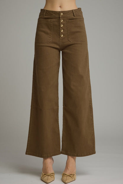 Entro Button Front Wide Leg Pants - Lavish Boutique02-BOTTOMS