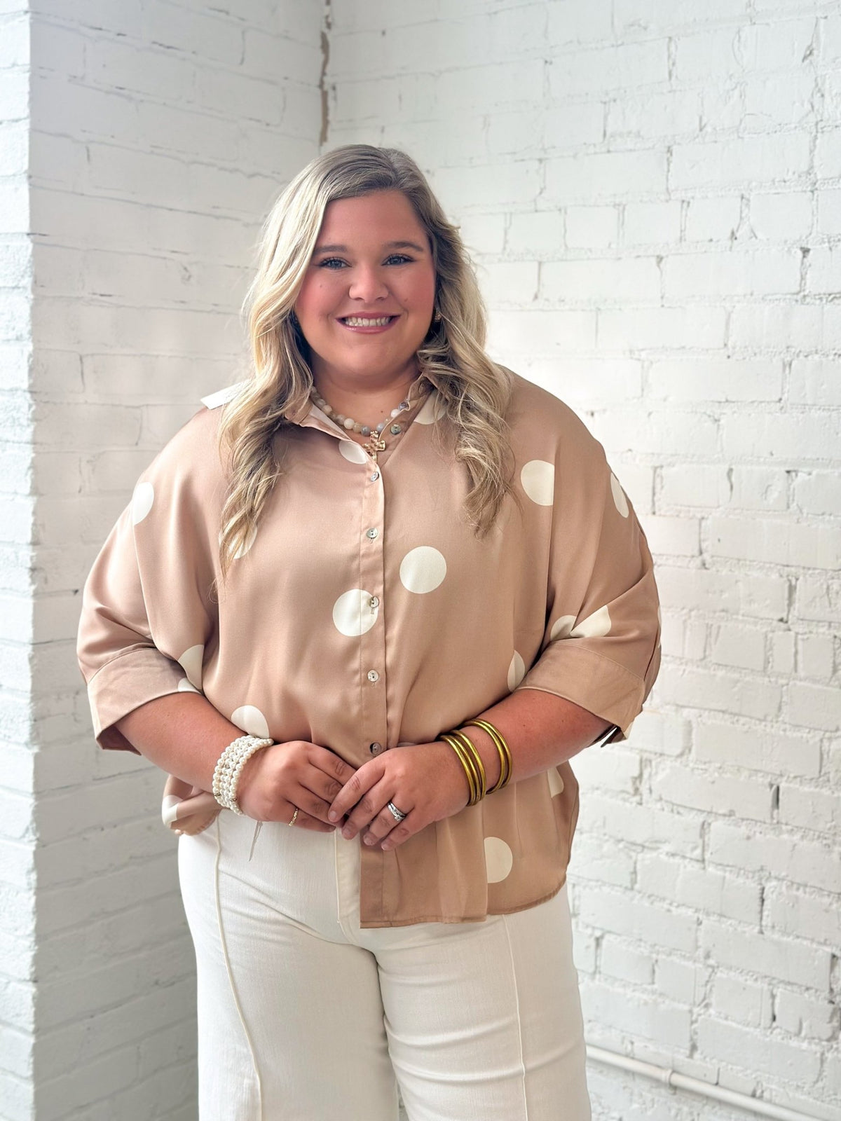 Polka dot button up top with a collar