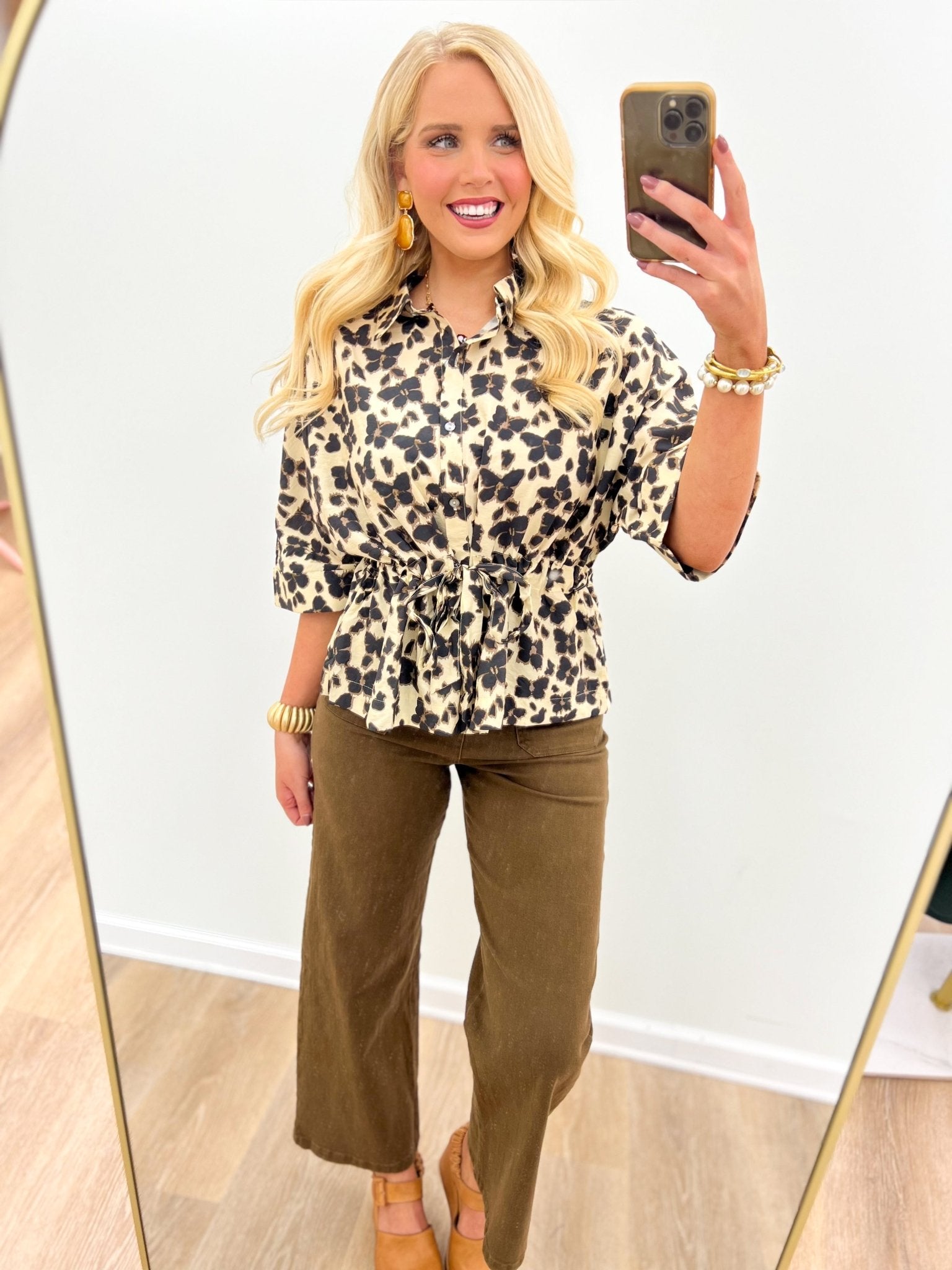 Entro Button Up Tie Front Top - Lavish Boutique01-TOPS