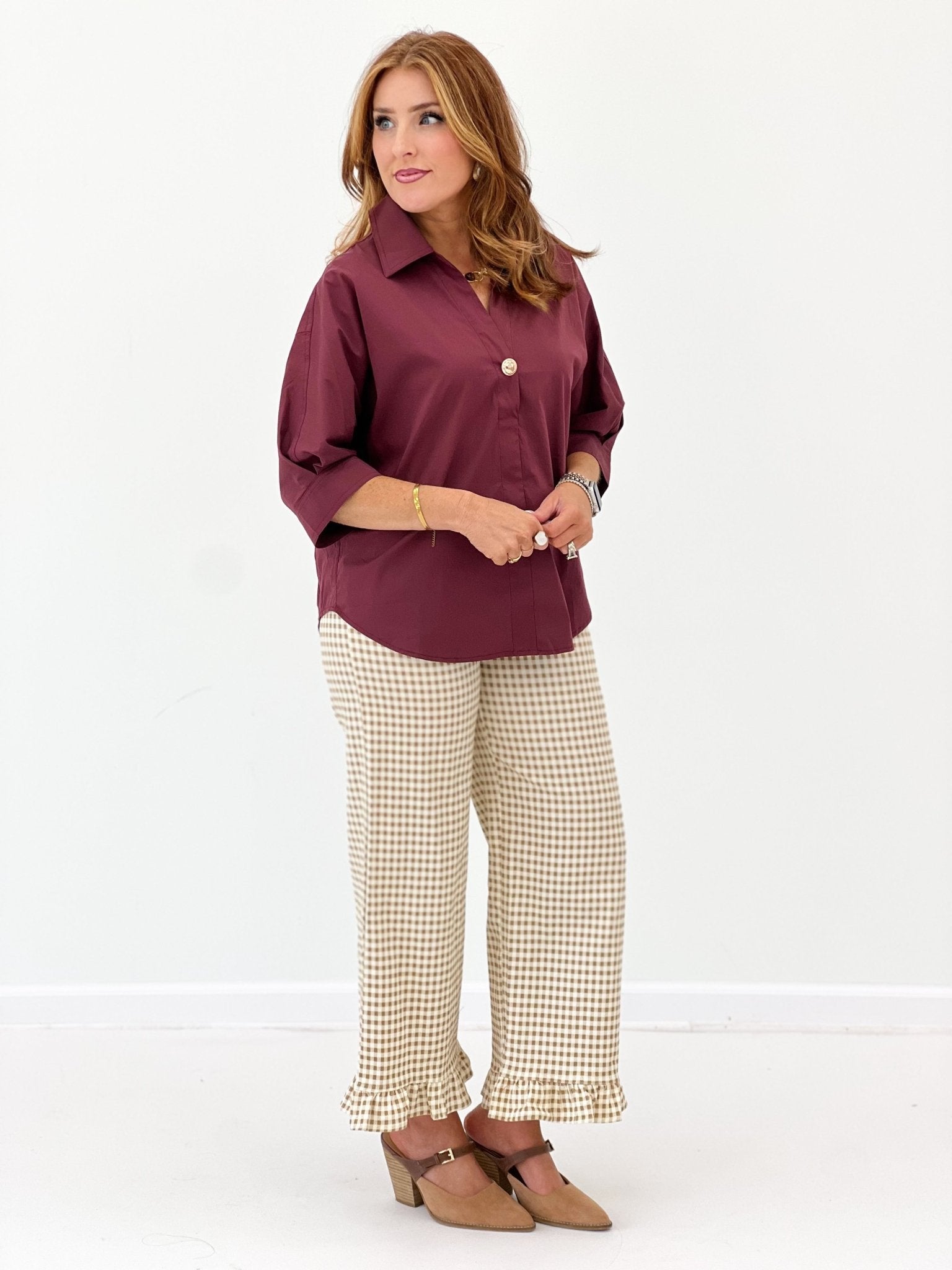 Entro Collared Gold Button Down V-Neck Blouse - Lavish Boutique01-TOPS