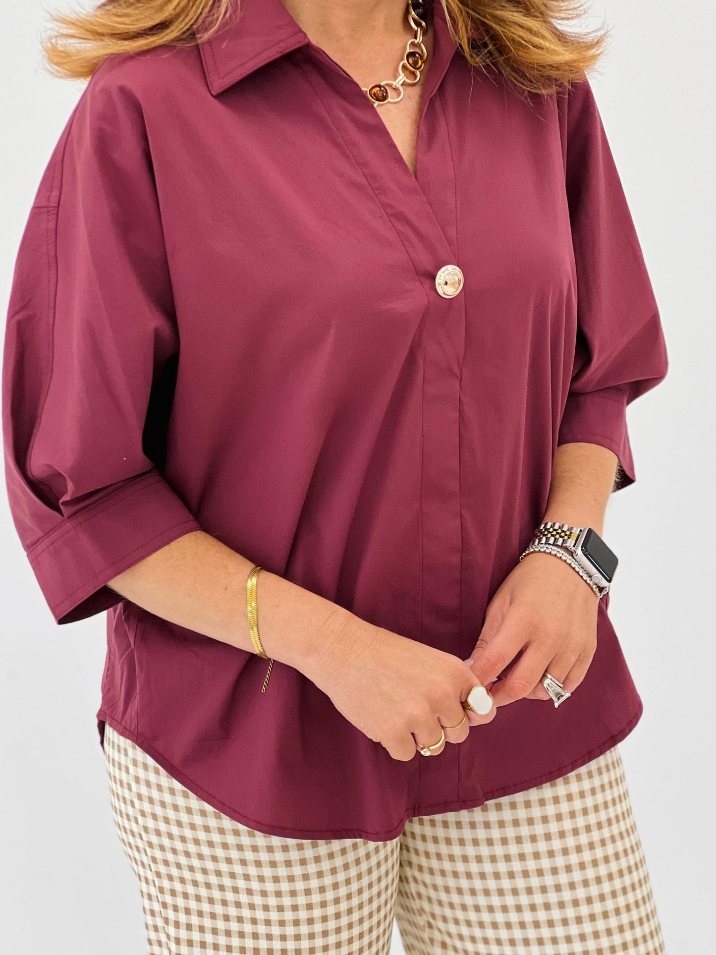 Entro Collared Gold Button Down V-Neck Blouse - Lavish Boutique01-TOPS