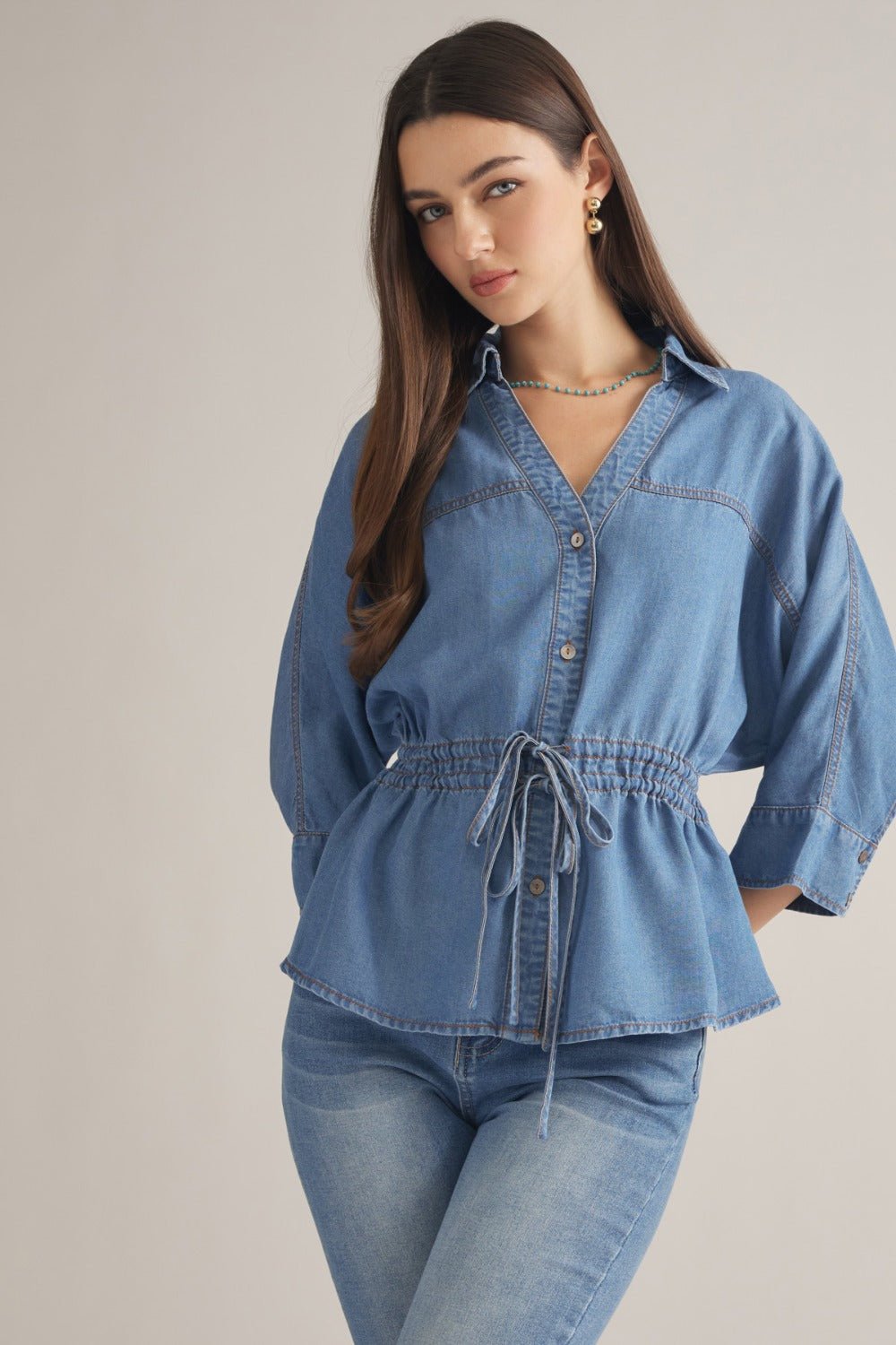 Entro Collared V Neck Tie Waist Top - Lavish Boutique01-TOPS