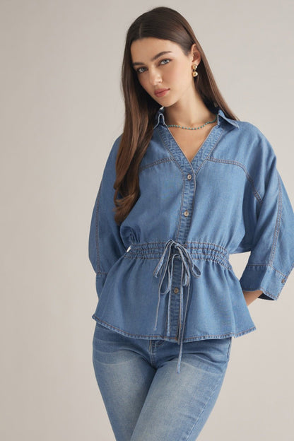 Entro Collared V Neck Tie Waist Top - Lavish Boutique01-TOPS