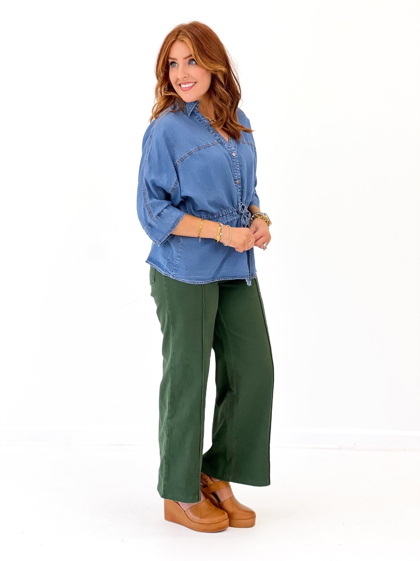 Entro Collared V Neck Tie Waist Top - Lavish Boutique01-TOPS