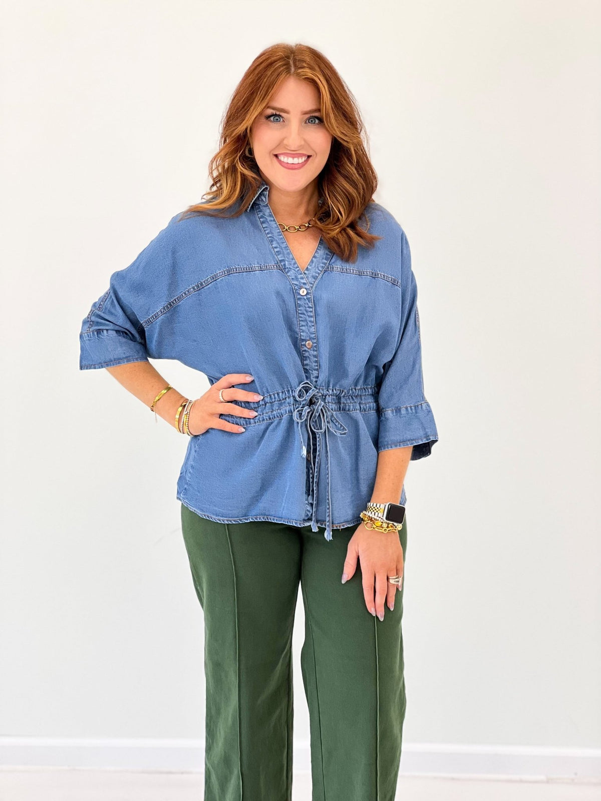 Entro Collared V Neck Tie Waist Top - Lavish Boutique01-TOPS