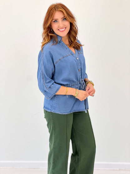 Entro Collared V Neck Tie Waist Top - Lavish Boutique01-TOPS