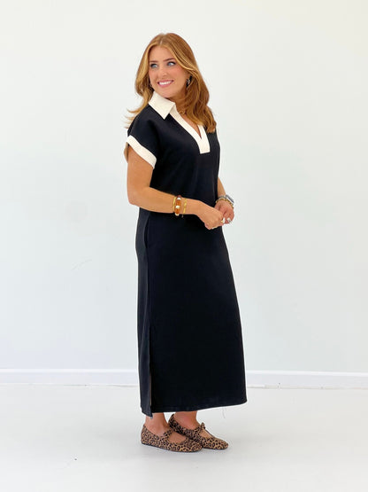 Full-length scuba dress with a deep V-neck