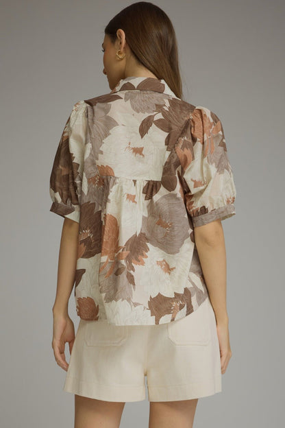 Smocked mocha floral top with a gently flared body