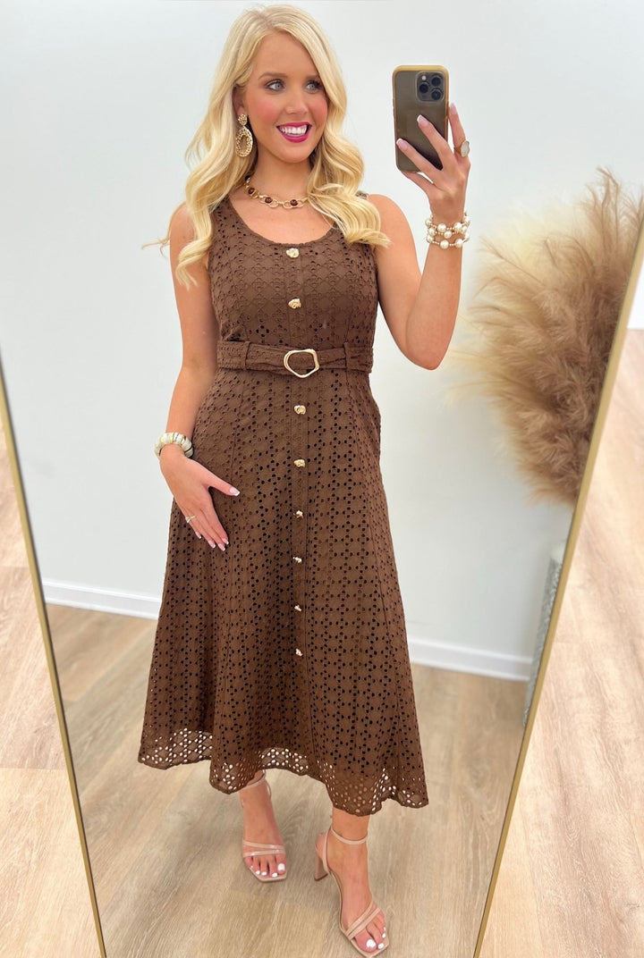 Brown eyelet midi dress with a belt and button detail