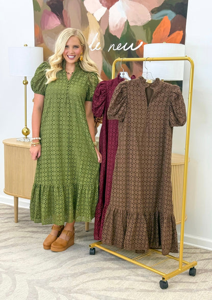 Entro Eyelet Puff Sleeve Maxi Dress - Lavish Boutique04-DRESSES