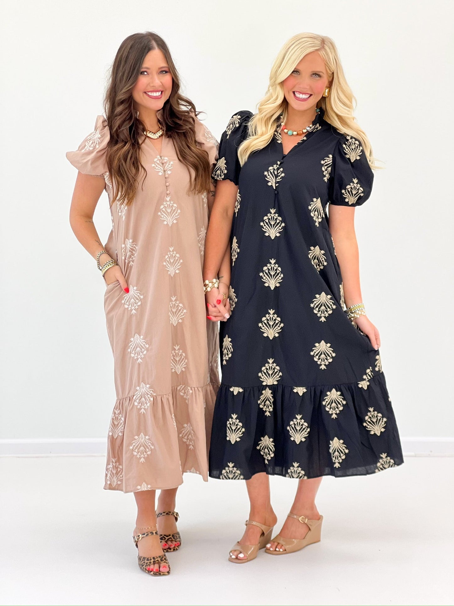 Puff sleeve dress with embroidered floral motifs